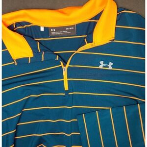 Under Armour Mens Large Quarter Zip Pullover Blue Orange Striped Loose Fit